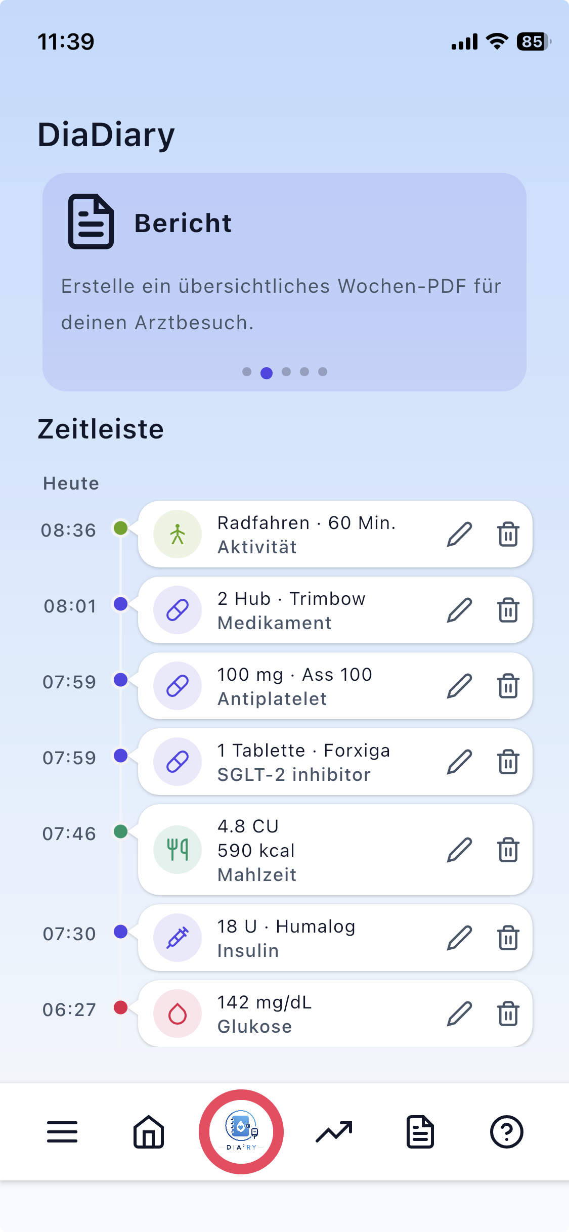 Das DiaDiary-Dashboard mit den heutigen Werten und letzten Einträgen