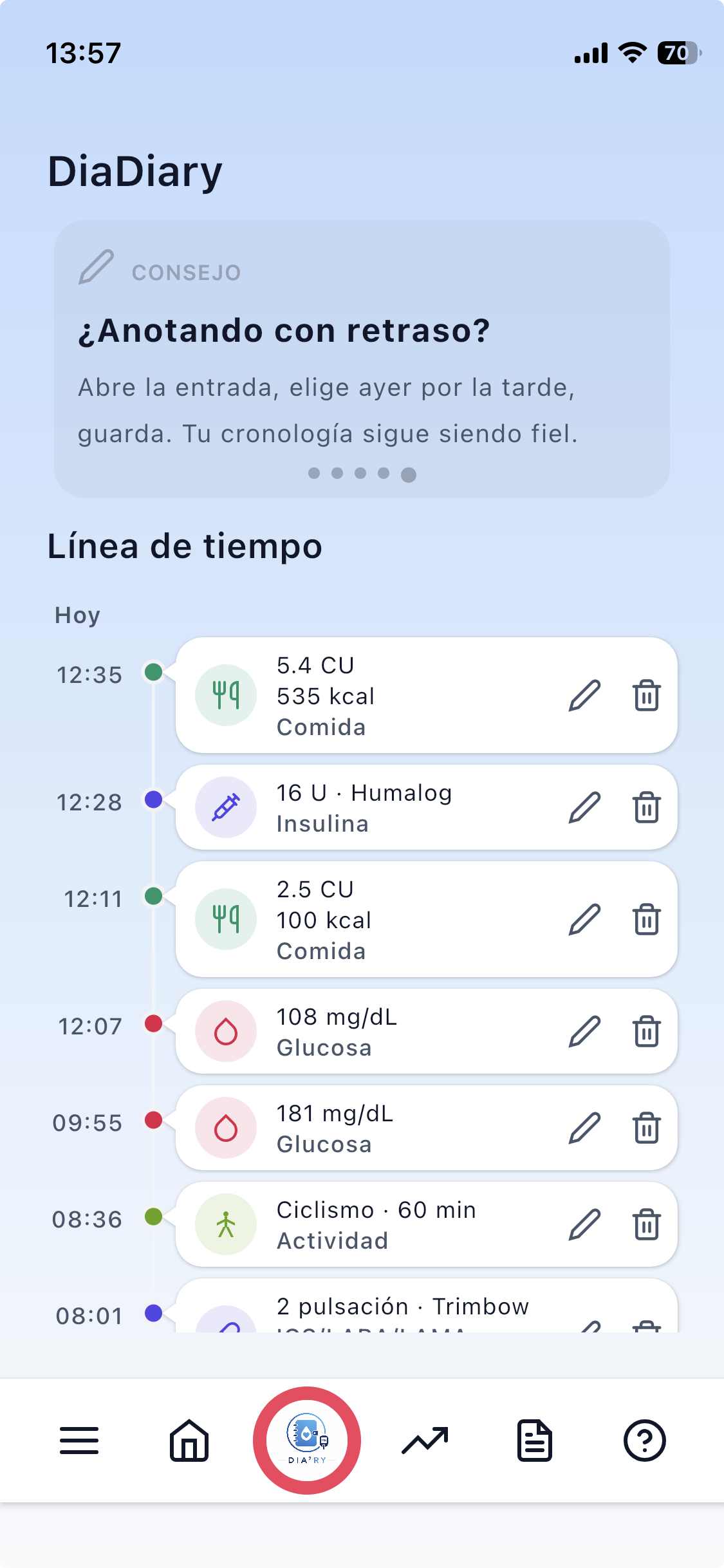 El panel de DiaDiary con las lecturas de hoy y las entradas recientes