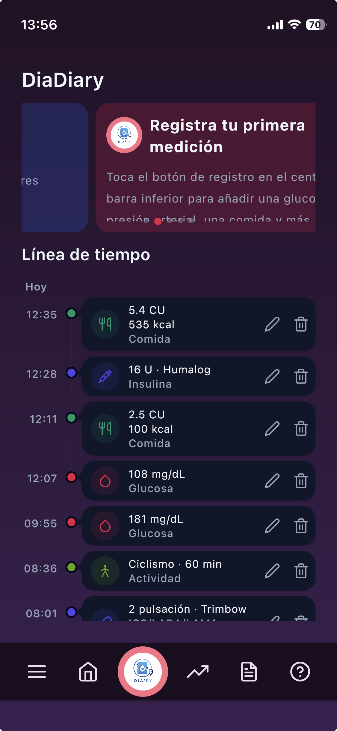 El panel de DiaDiary en modo oscuro